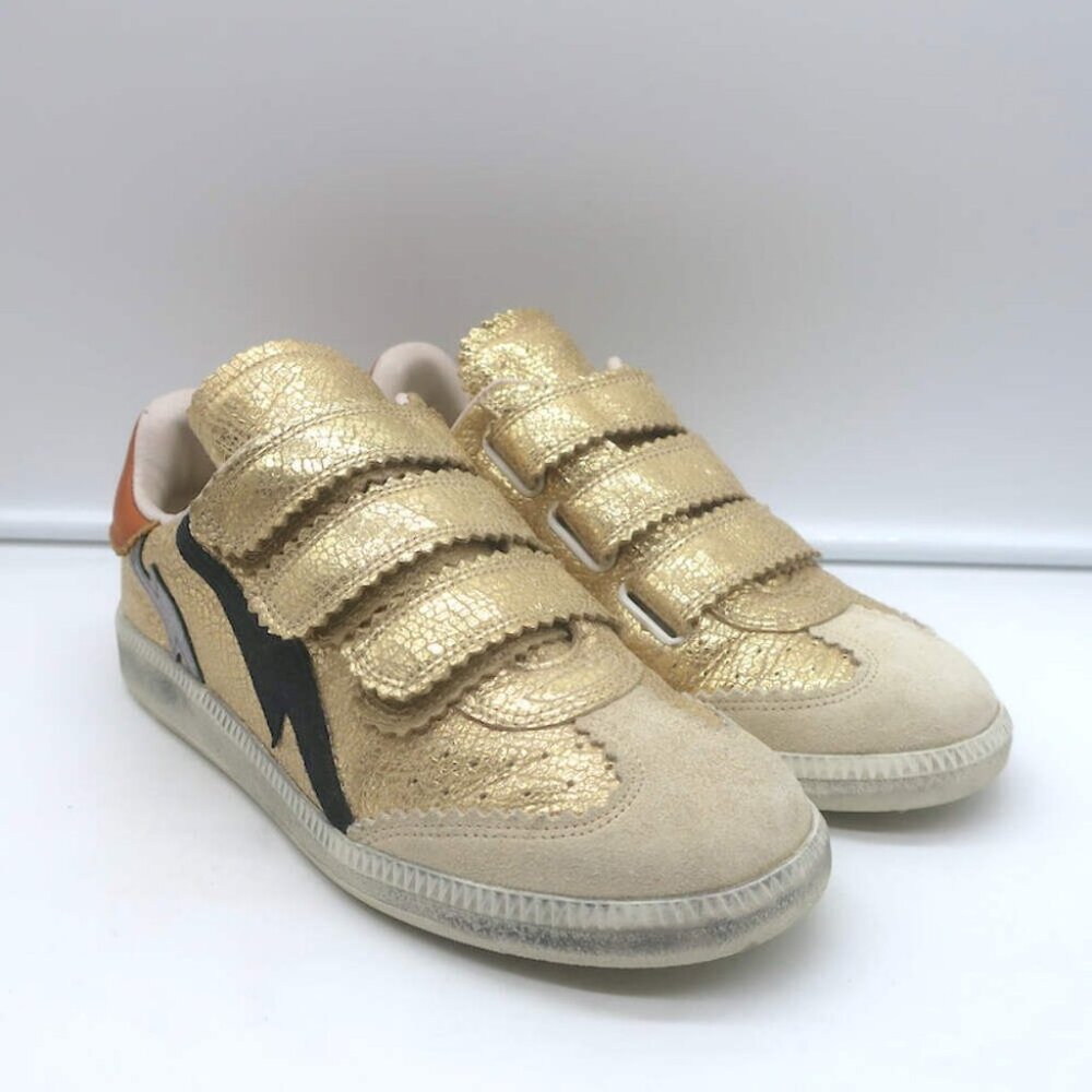 Isabel Marant Beth Lightning Bolt Sneakers Gold Metallic Cracked Leather Size 37 - Picture 1 of 13